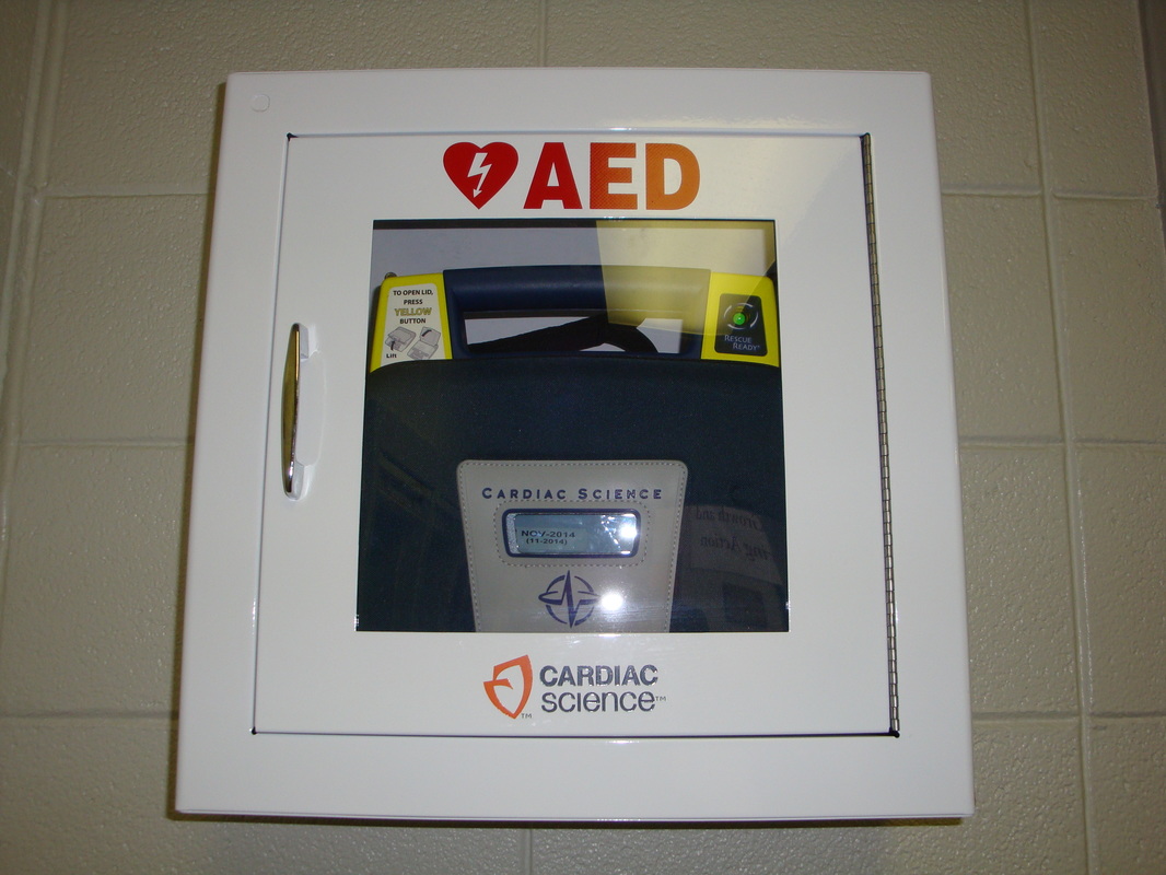 AED mounted to wall in Swain West Elementary office area