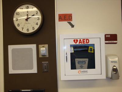 AED mounted on wall inside SCHS Main Office area