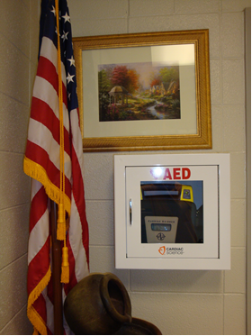 AED mounted to the wall in Swain East Elementary office area